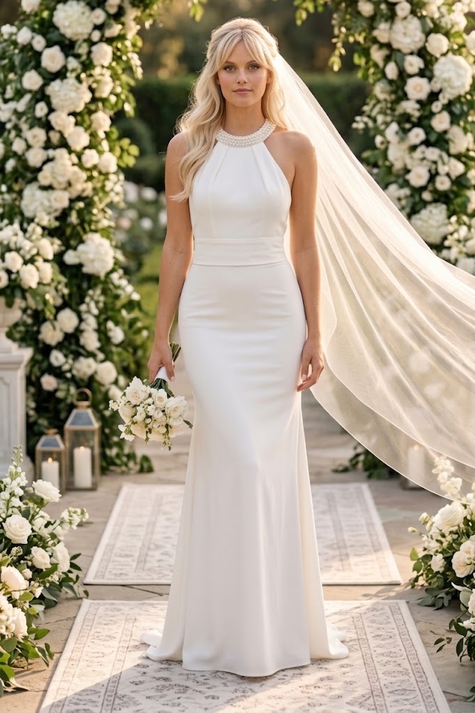 Eva USA 3408 Bridal Long Beaded Halter Wedding Dress