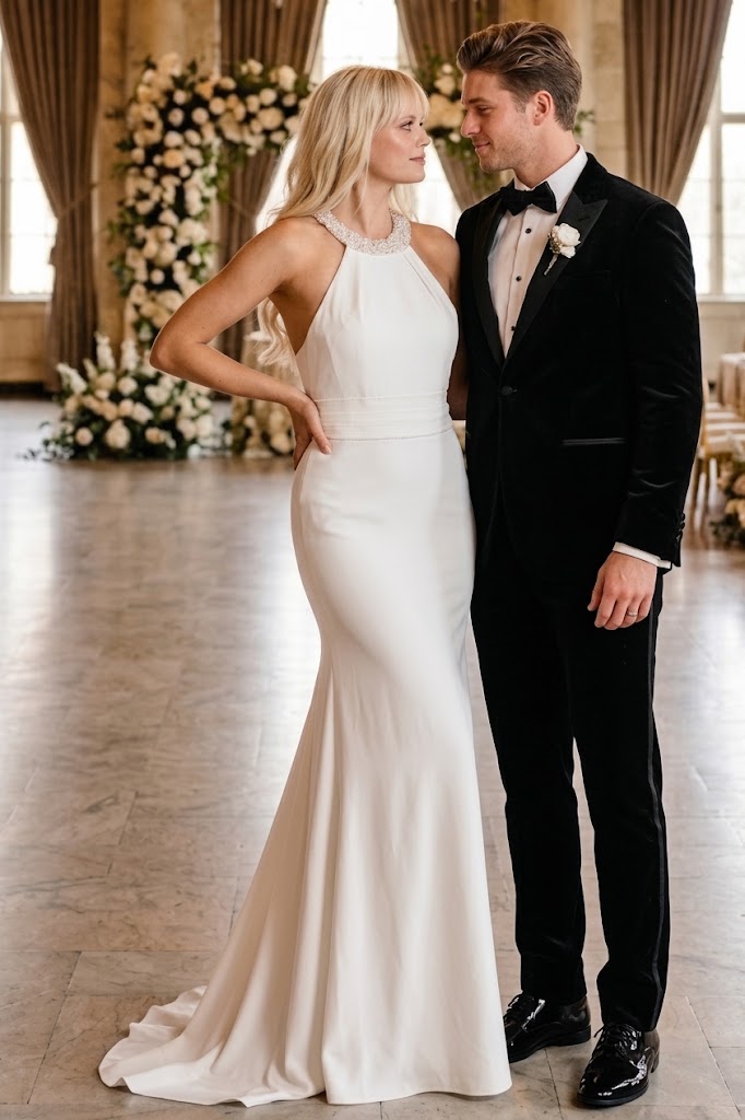 Eva USA 3408 Bridal Long Beaded Halter Wedding Dress