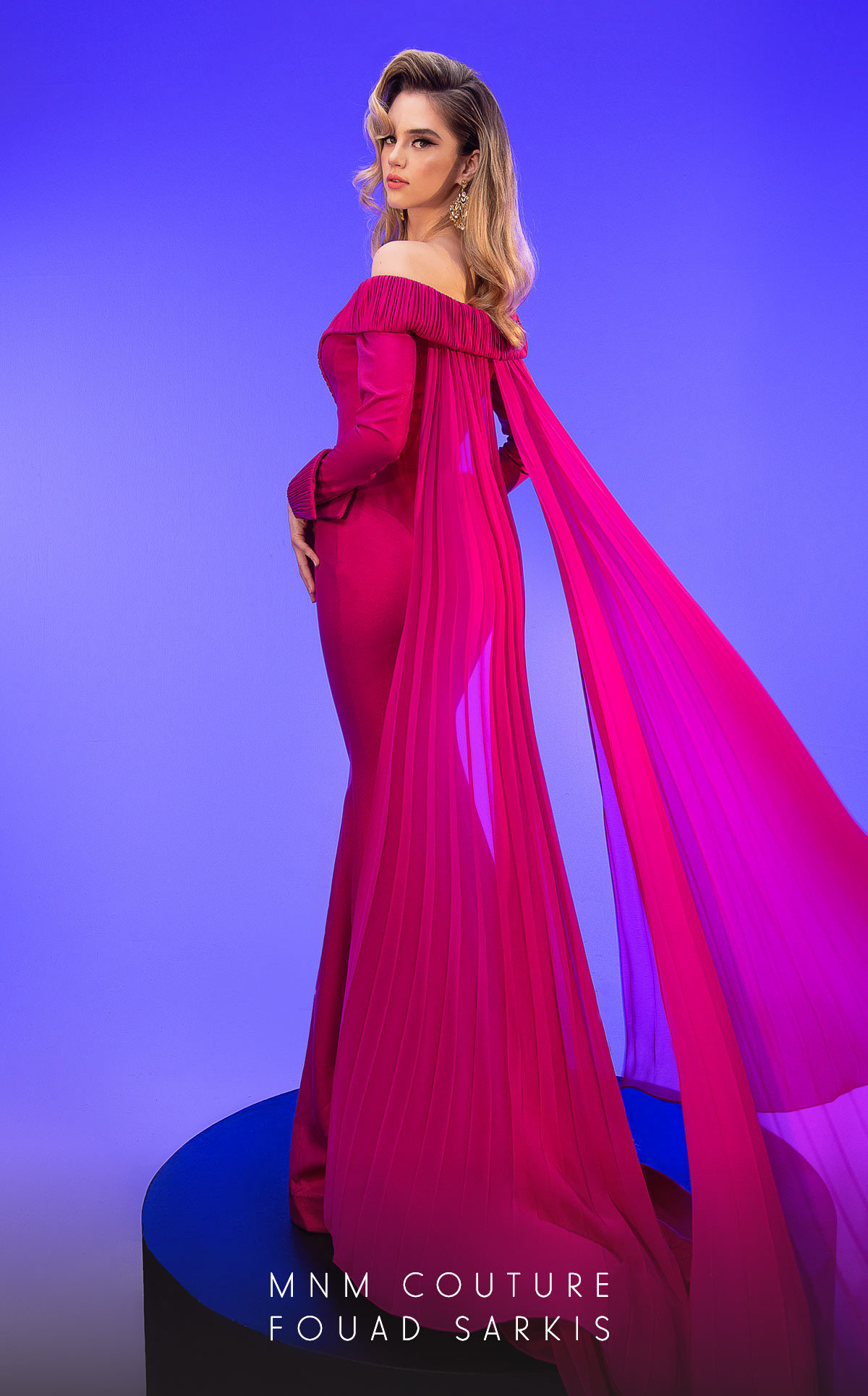 Fouad Sarkis 2793 Off-Shoulder Gown with Flowing Pleated Panels