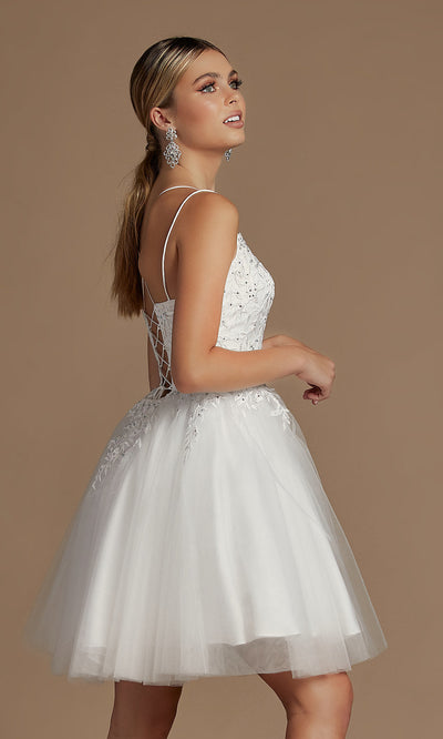 Narianna-Short Embroidered Corset-Back Homecoming Dress