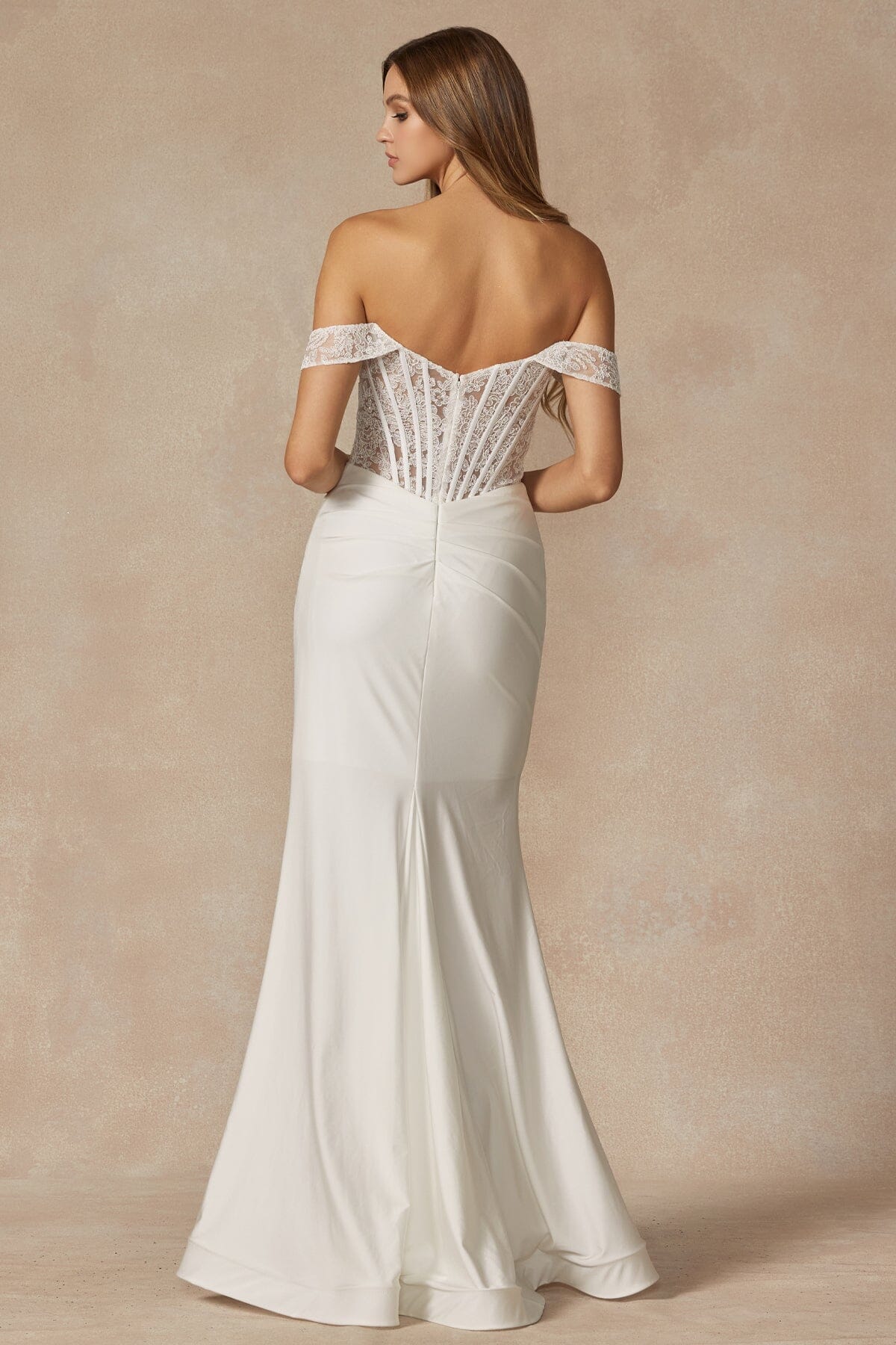 Juliet 2407W Embroidered Off Shoulder Lace Appliqué Corset Dress