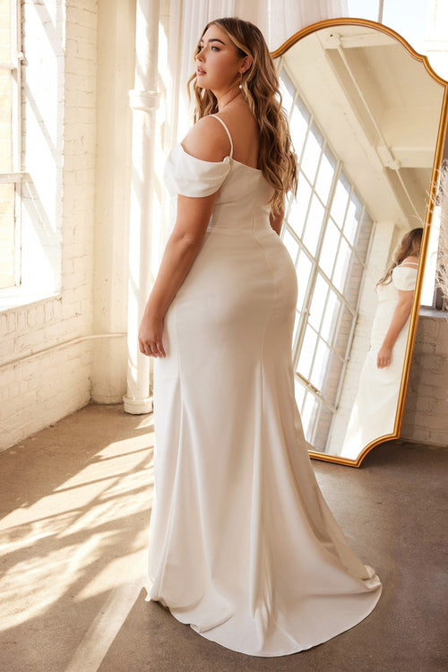 Cinderella Divine KV1057W White Fitted Off-Shoulder Gown