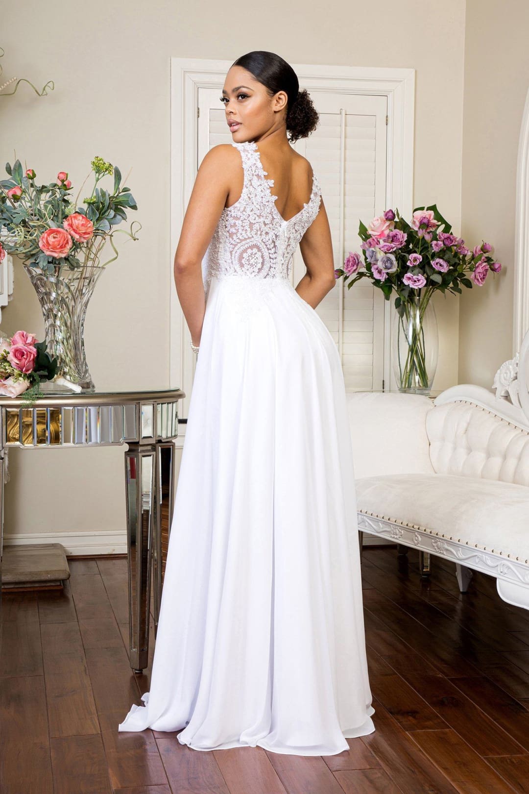 White Long Applique V-Neck Dress by Elizabeth K GL2311 - Long Formal Dresses
