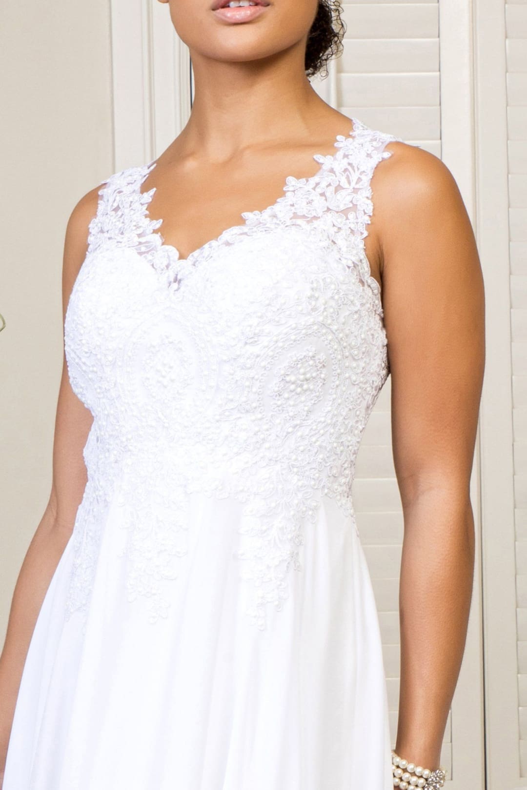 White Long Applique V-Neck Dress by Elizabeth K GL2311 - Long Formal Dresses