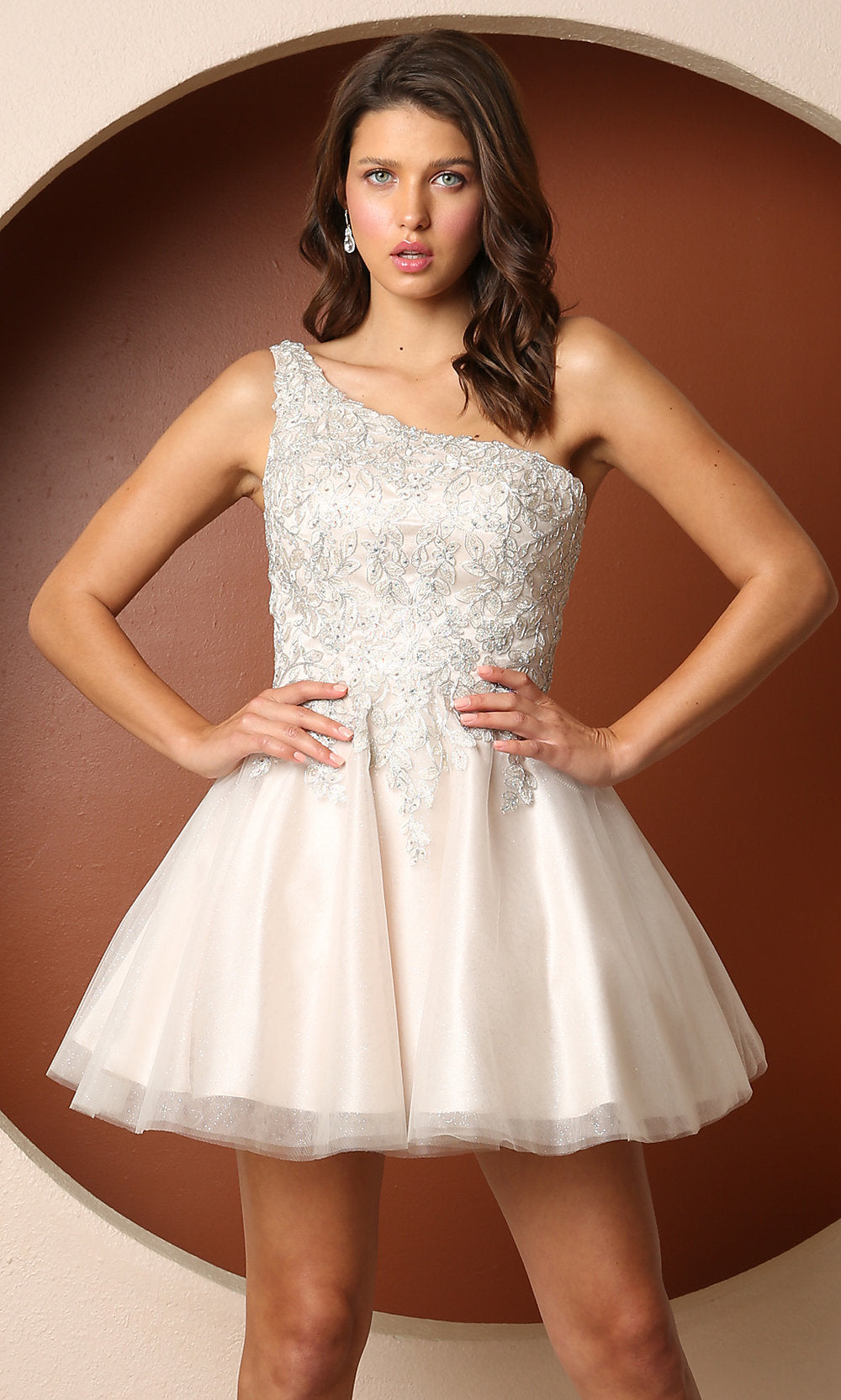 Nox Anabel H774 White Short Beaded One-Shoulder Homecoming Dress Nox Anabel H774 White Short Beaded One-Shoulder Homecoming Dress