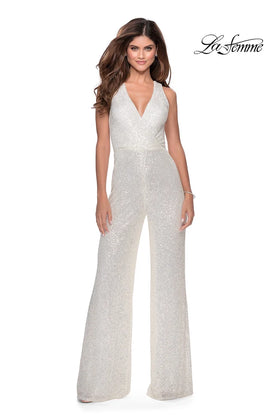 Clearance White Size 4 Sequin Wide Leg Jumpsuit with Criss Cross Open Back By La Femme 28719