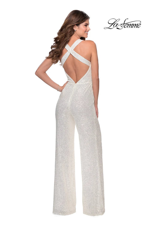 Clearance White Size 4 Sequin Wide Leg Jumpsuit with Criss Cross Open Back By La Femme 28719