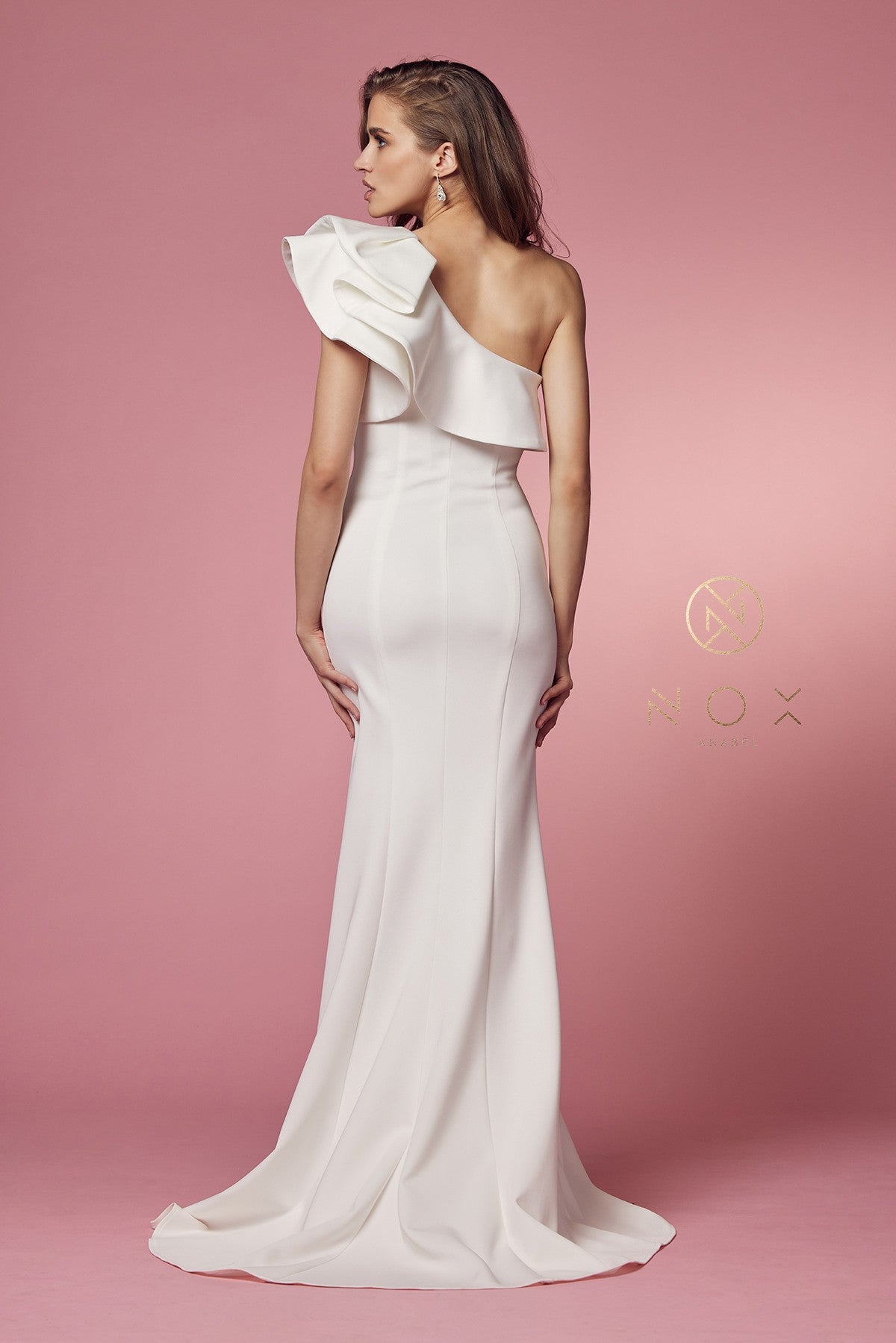 Nox Anabel E467W One Shoulder Ruffled Trumpet Long Wedding Dress with Slit