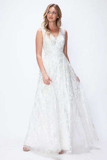 Wedding Dress Long V-Neck Sleeveless A-Line Gown By Lenovia 8337