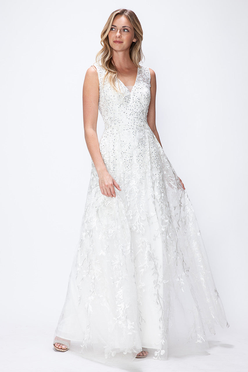 Vestido de novia largo con escote en V y sin mangas, corte A, de Lenovia 8337