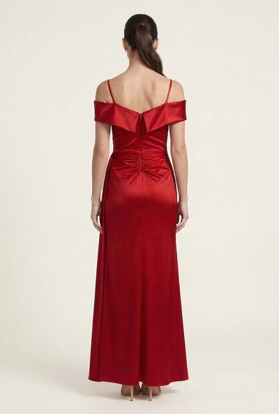 Off-Shoulder Satin Evening Gown with Ruched Waist & High Slit Sweetheart Neckline by Perrty 3130
