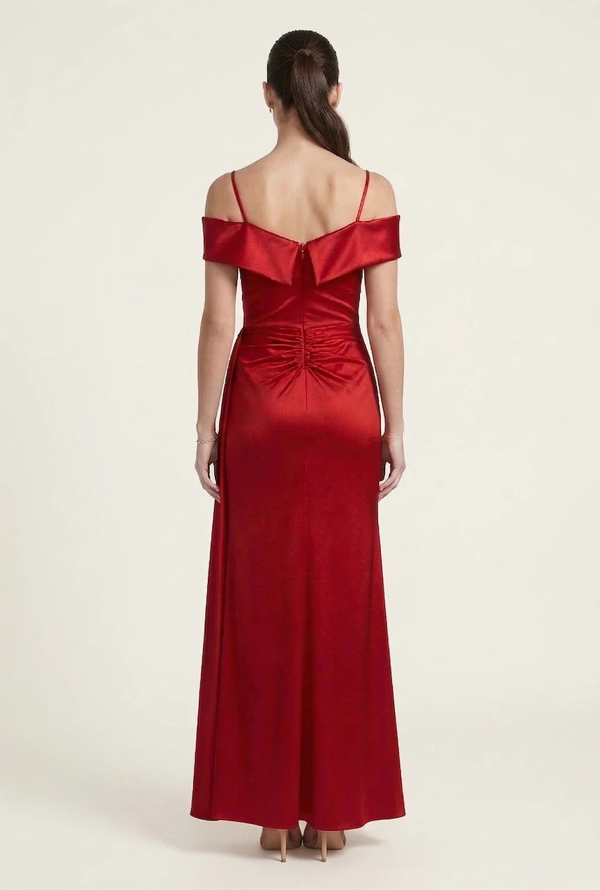 Off-Shoulder Satin Evening Gown with Ruched Waist & High Slit Sweetheart Neckline by Perrty 3130