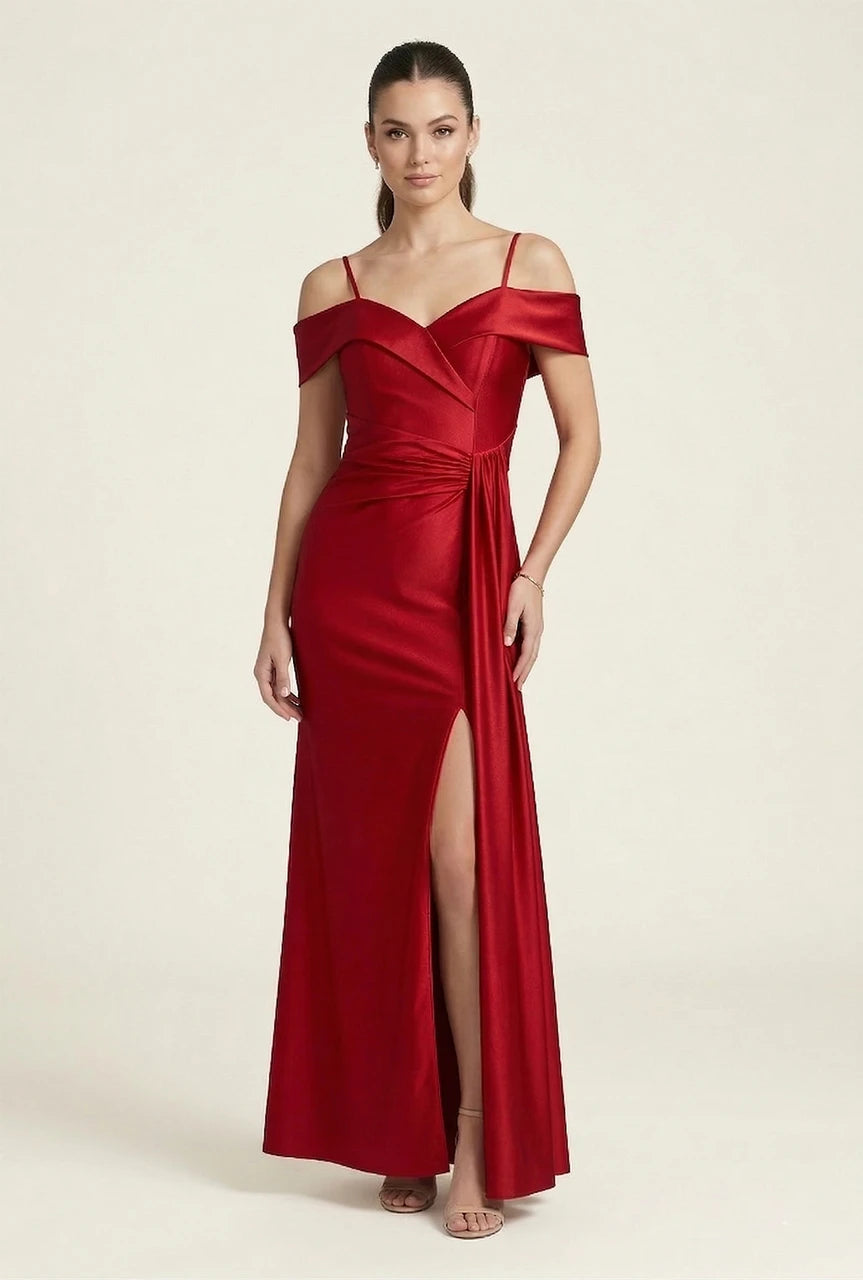 Off-Shoulder Satin Evening Gown with Ruched Waist & High Slit Sweetheart Neckline by Perrty 3130