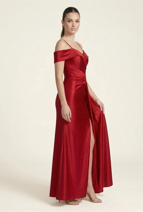 Off-Shoulder Satin Evening Gown with Ruched Waist & High Slit Sweetheart Neckline by Perrty 3130
