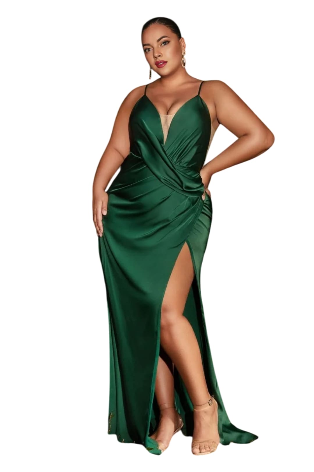 Wrapped Satin Bridesmaids Spaghetti Straps Dress 2025 Elegant Formal Gown - EMERALD GREEN / 4 - Dress
