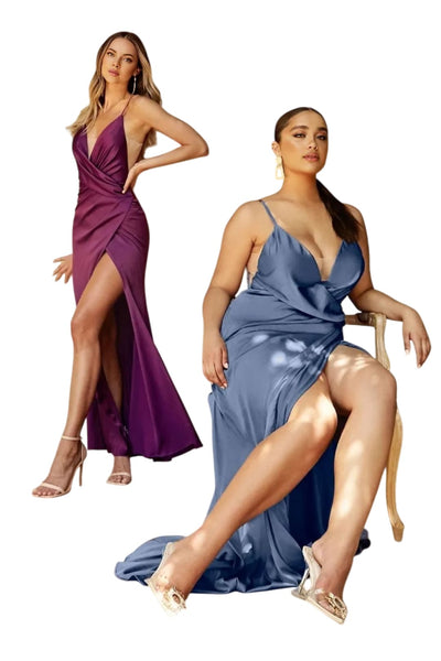 Wrapped Satin Bridesmaids Spaghetti Straps Dress 2025 Elegant Formal Gown - SMOKY BLUE / 4 - Dress