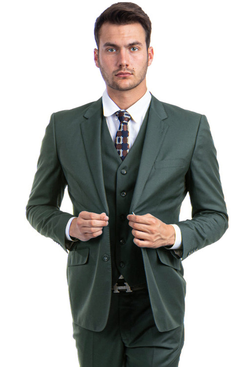 Men's Modern Green Wool Suit with Vested Style