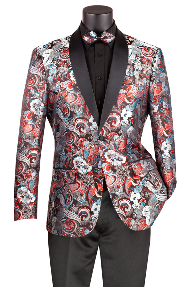 Chaqueta de esmoquin con estampado paisley japonés de corte moderno para hombre en burdeos