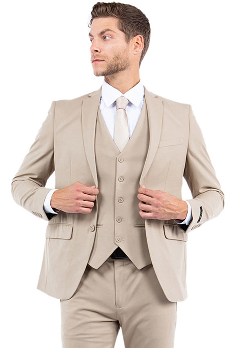 Men's Tan Slim Fit Suit with Vest & One Button Closure