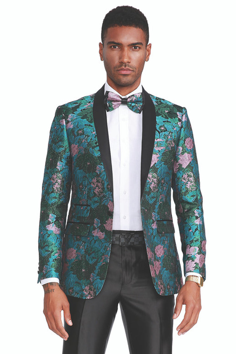 Esmoquin de graduación con estampado floral de cachemira y solapa chal para hombre, entallado, en verde y rosa