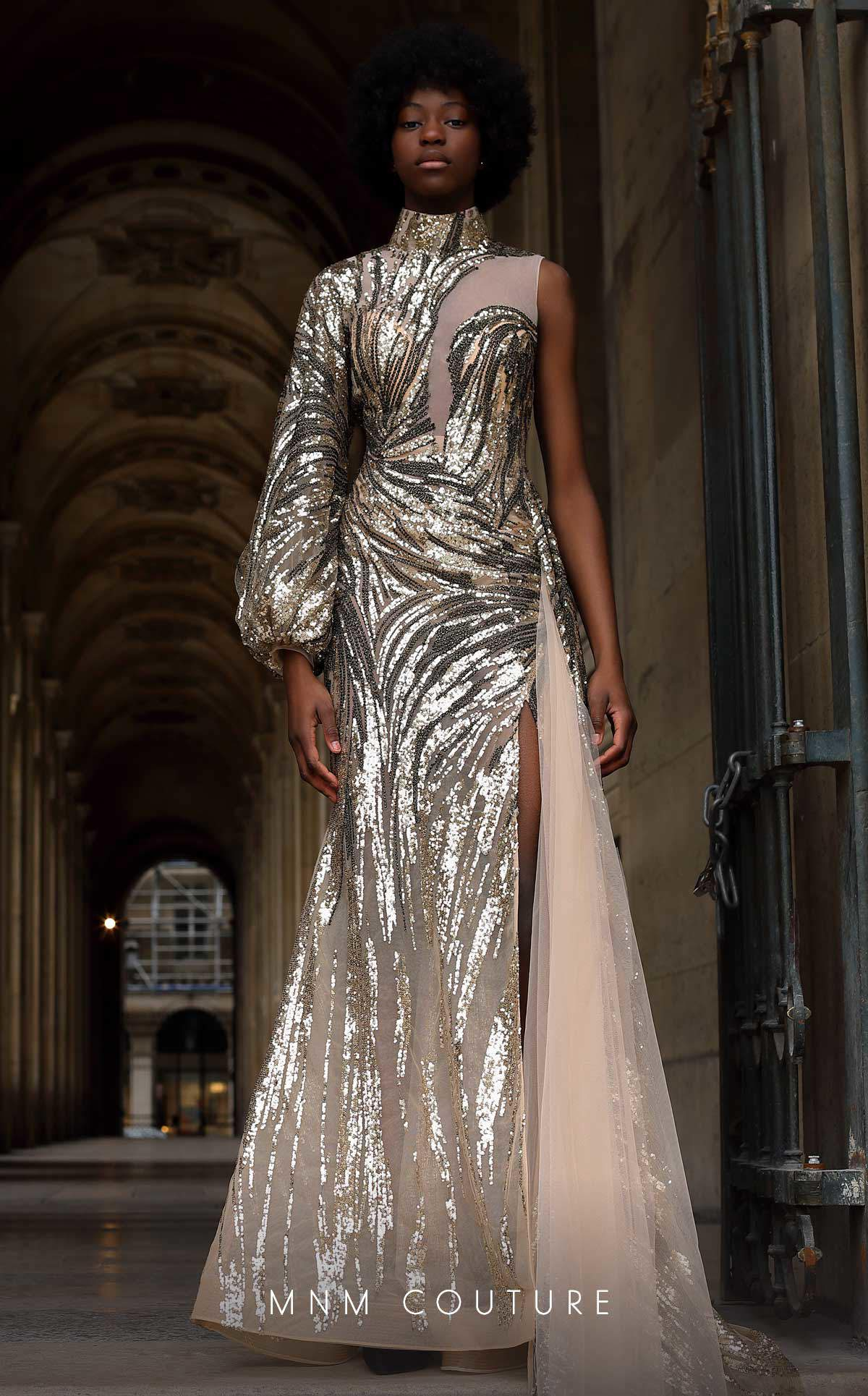 MNM Couture K4066 Metallic Sequin Gown with Sheer Accents