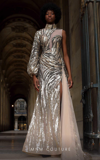MNM Couture K4066 Metallic Sequin Gown with Sheer Accents