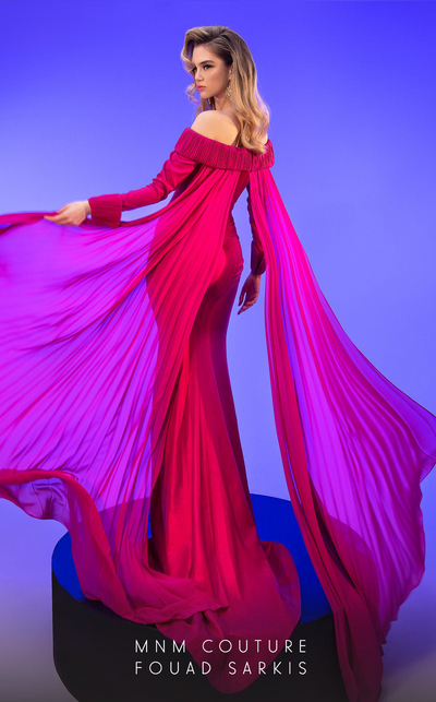 Fouad Sarkis 2793 Off-Shoulder Gown with Flowing Pleated Panels