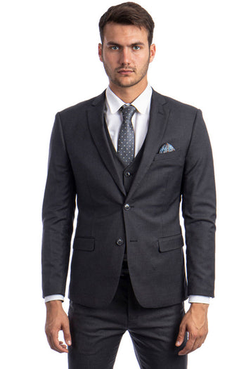 Traje de hombre gris carbón básico liso con dos botones y corte entallado.