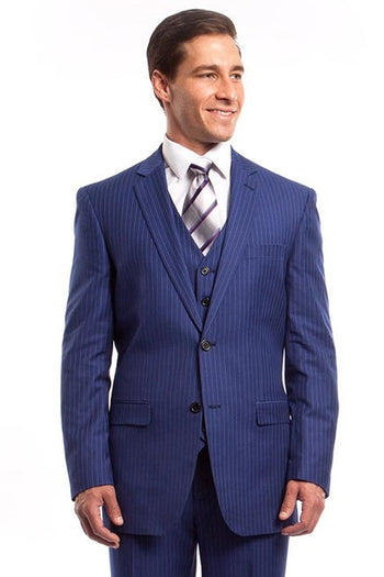 Traje de negocios con chaleco de dos botones para hombre en raya diplomática azul francés