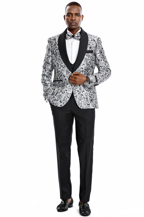 Esmoquin de graduación para hombre, de un botón, ajustado, con estampado floral brillante de cachemira, en color plateado.
