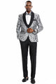 Esmoquin de graduación para hombre, de un botón, ajustado, con estampado floral brillante de cachemira, en color plateado.