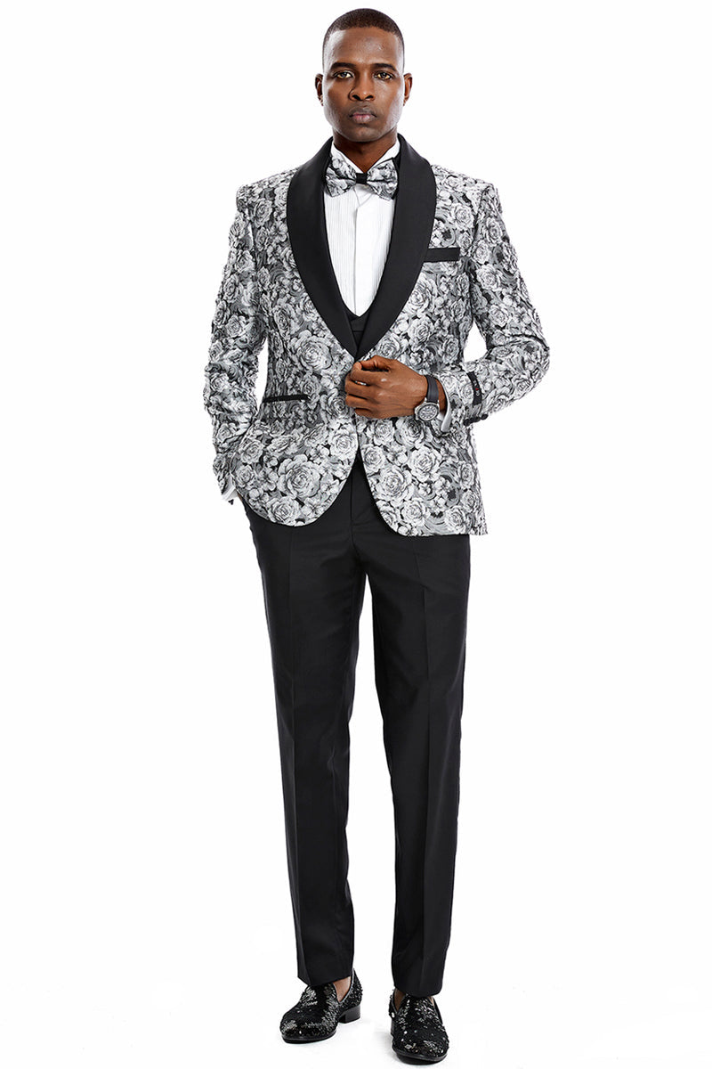 Esmoquin de graduación para hombre, de un botón, ajustado, con estampado floral brillante de cachemira, en color plateado.