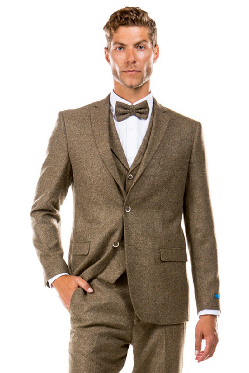 Traje de boda de tweed estilo vintage con dos botones y chaleco para hombre en color tostado