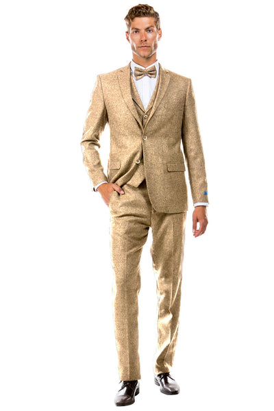 Men's Vintage-Style Tweed Vested Suit in Beige