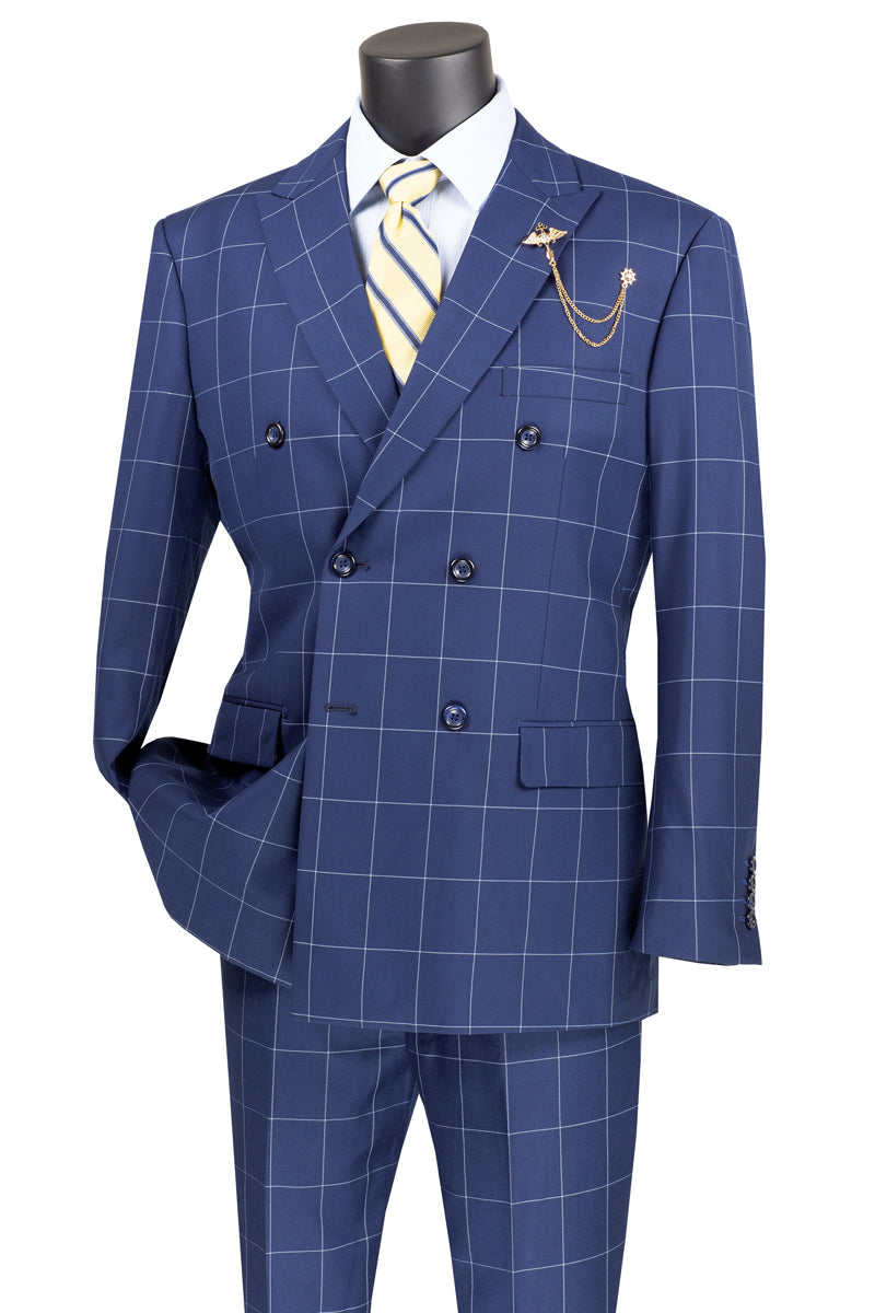 Traje cruzado de cuadros escoceses llamativos para hombre en azul