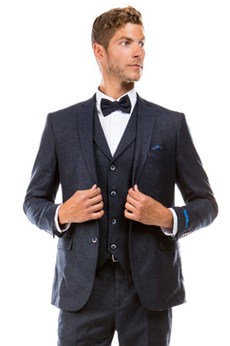 Traje de boda de tweed estilo vintage con dos botones y chaleco para hombre en azul marino