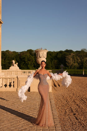 Chic and Holland PH120141 Strapless Sweetheart Beaded Sheath Prom Gown with Feather Boa