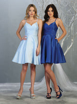 May Queen MQ1654 V Neck Simple Satin Short Hoco Dress