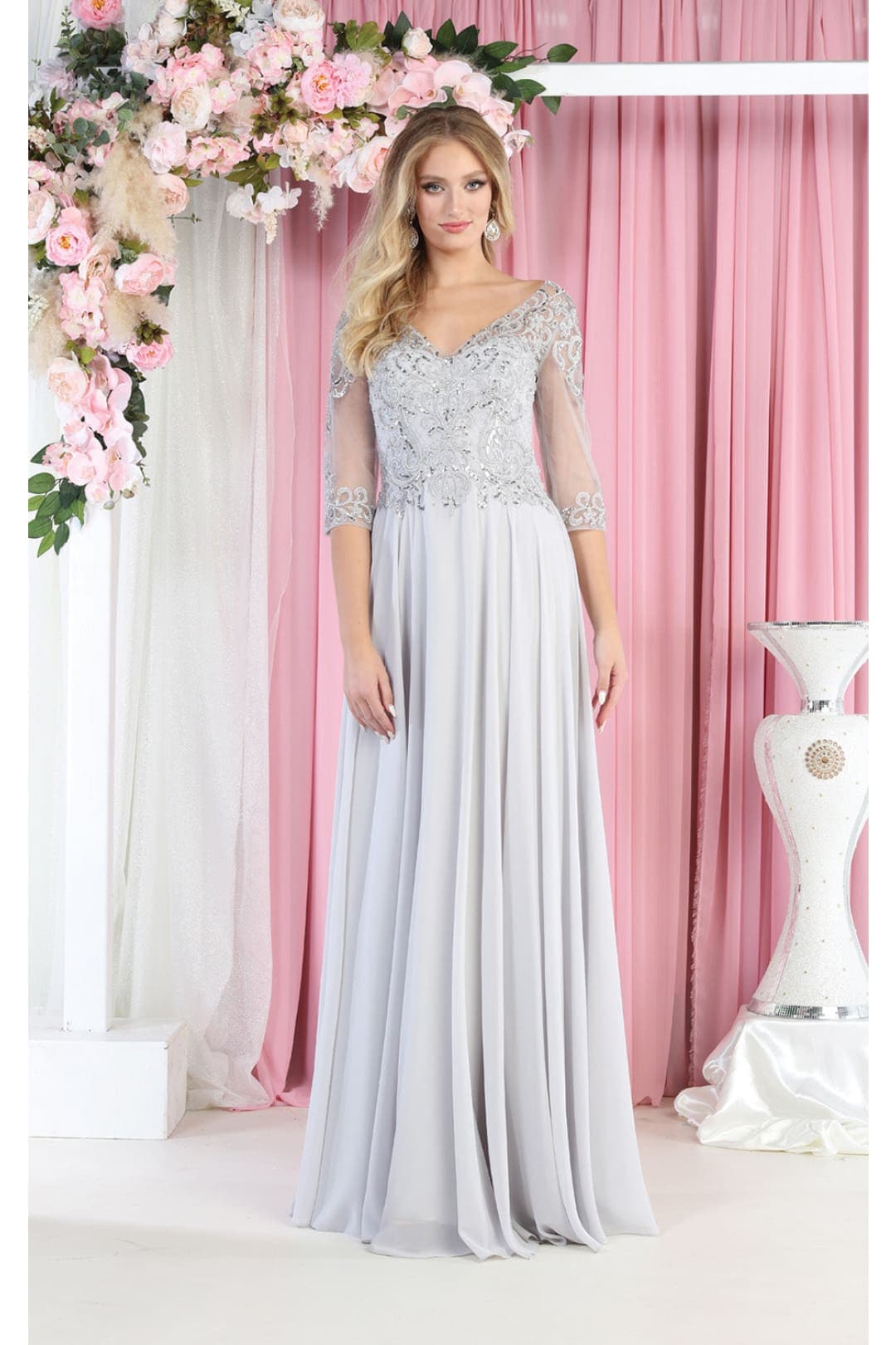 May Queen MQ1936 3/4 Sleevele A-lin Chiffon Dress - Dresses