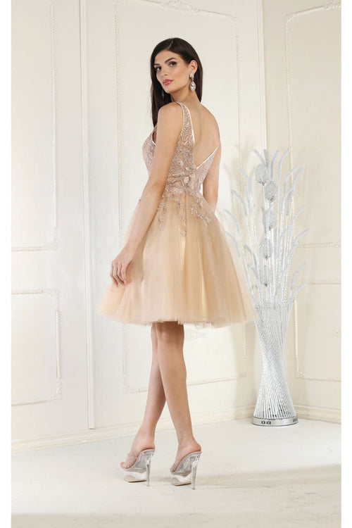 May Queen MQ1949 Deep V-neck Embroidered Cocktail Dress