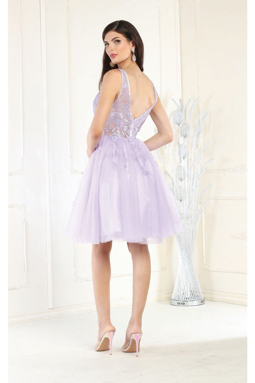 May Queen MQ1949 Deep V-neck Embroidered Cocktail Dress