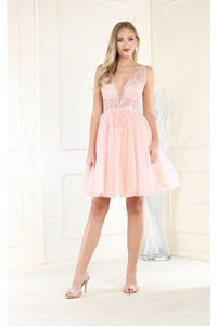 May Queen MQ1949 Deep V-neck Embroidered Cocktail Dress - BLUSH / 4