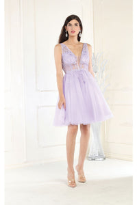 May Queen MQ1949 Deep V-neck Embroidered Cocktail Dress - LILAC / 4